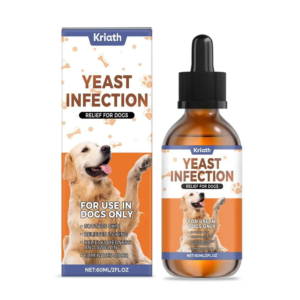 60ml Kriath herbal dog drops for yeast infection relief, soothing itchy skin and redness to improve pet coat health.