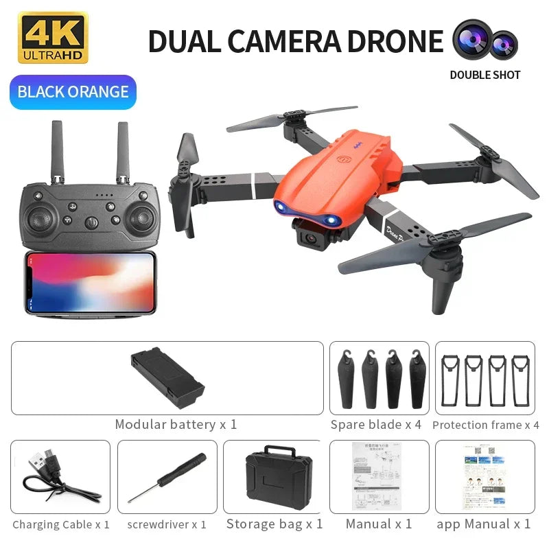 Black and orange 4K dual-camera drone with remote control, spare blades, protective frames, battery, and storage case.