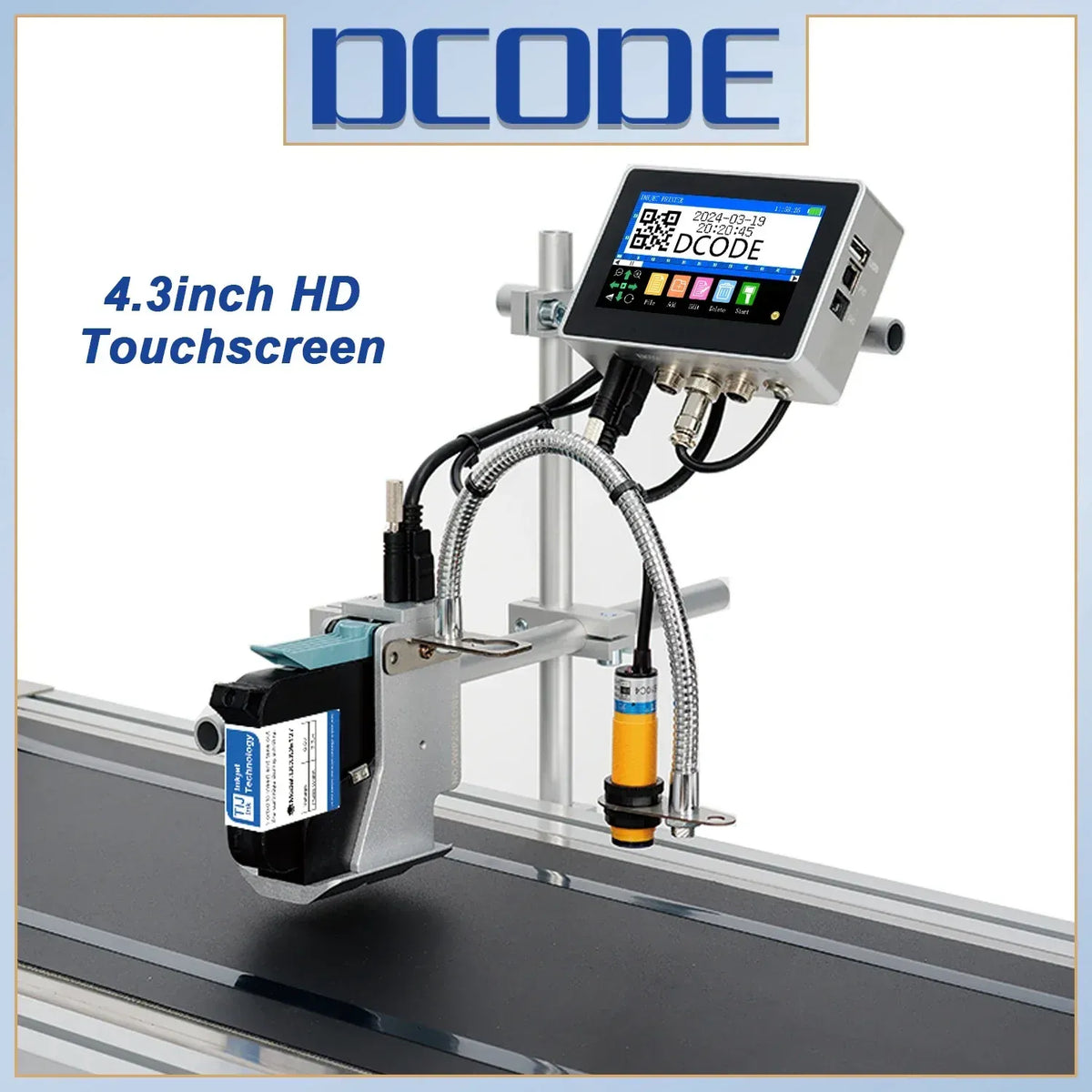 Industrial online inkjet printer with 4.3-inch touchscreen displaying QR and DCode logo