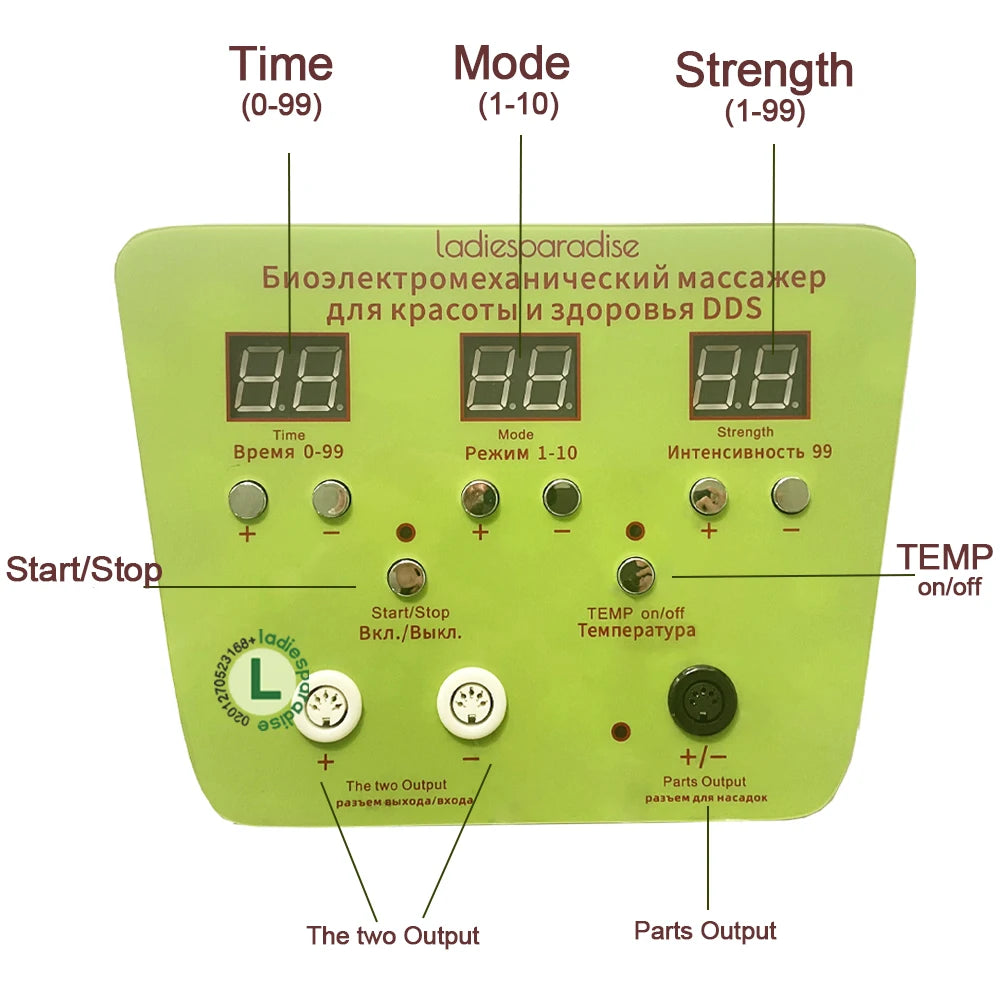 Green DDS bioelectric therapy massager control panel with digital time, mode, and intensity settings for pain relief.