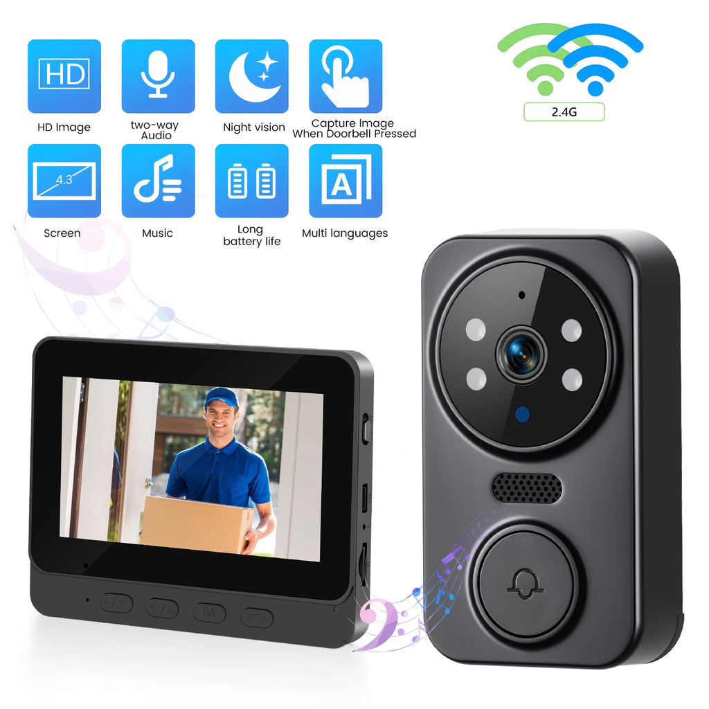 Podofo 4.3" Monitor Wireless Doorbell Camera Infrared Night Vision Door Ring Intercom Video Two-Way Audio Visual Doorbell Monit