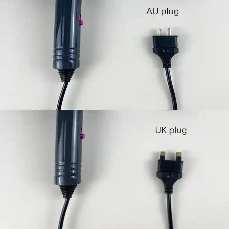 Portable dark grey ion hair dryer showing AU and UK plug power options for professional fast drying and styling.