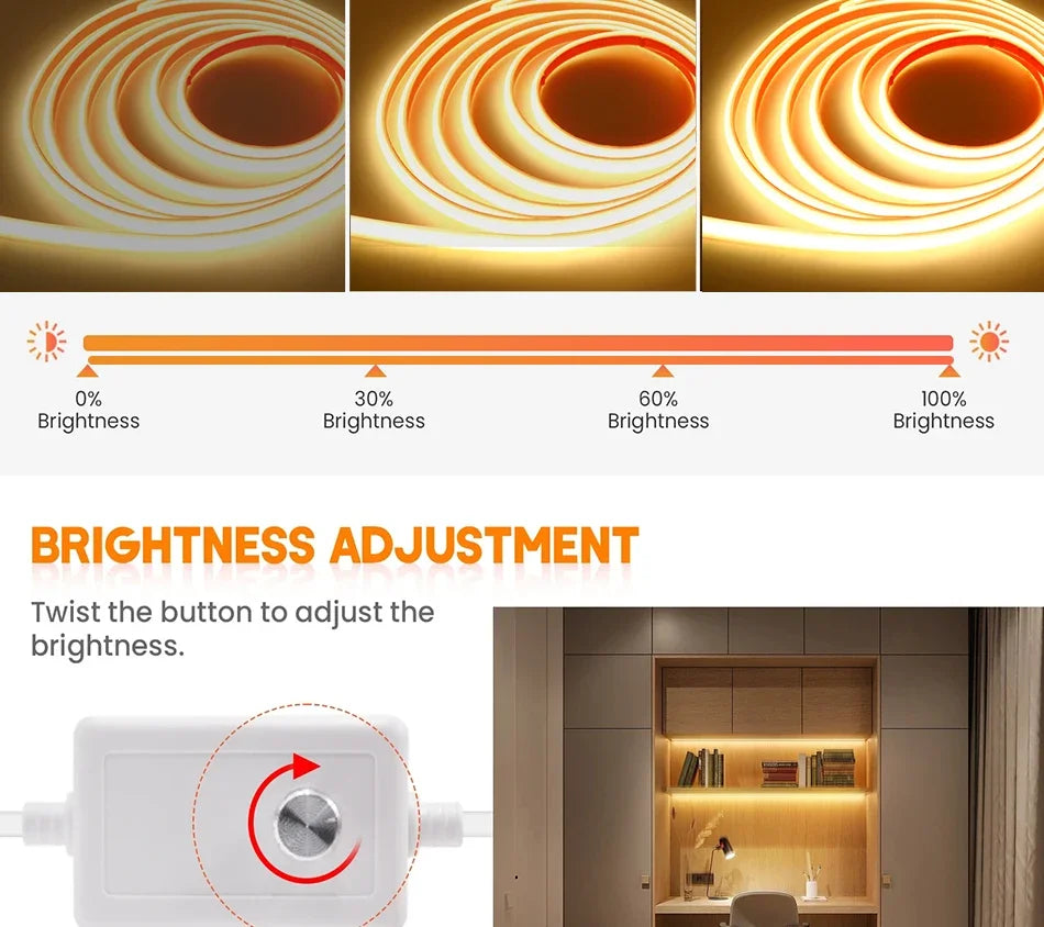 220V COB LED Strip with Switch /Dimmable Waterproof 360LED Strip EU Plug for Outdoor Indoor Room Backlight Garden Kitchen TV