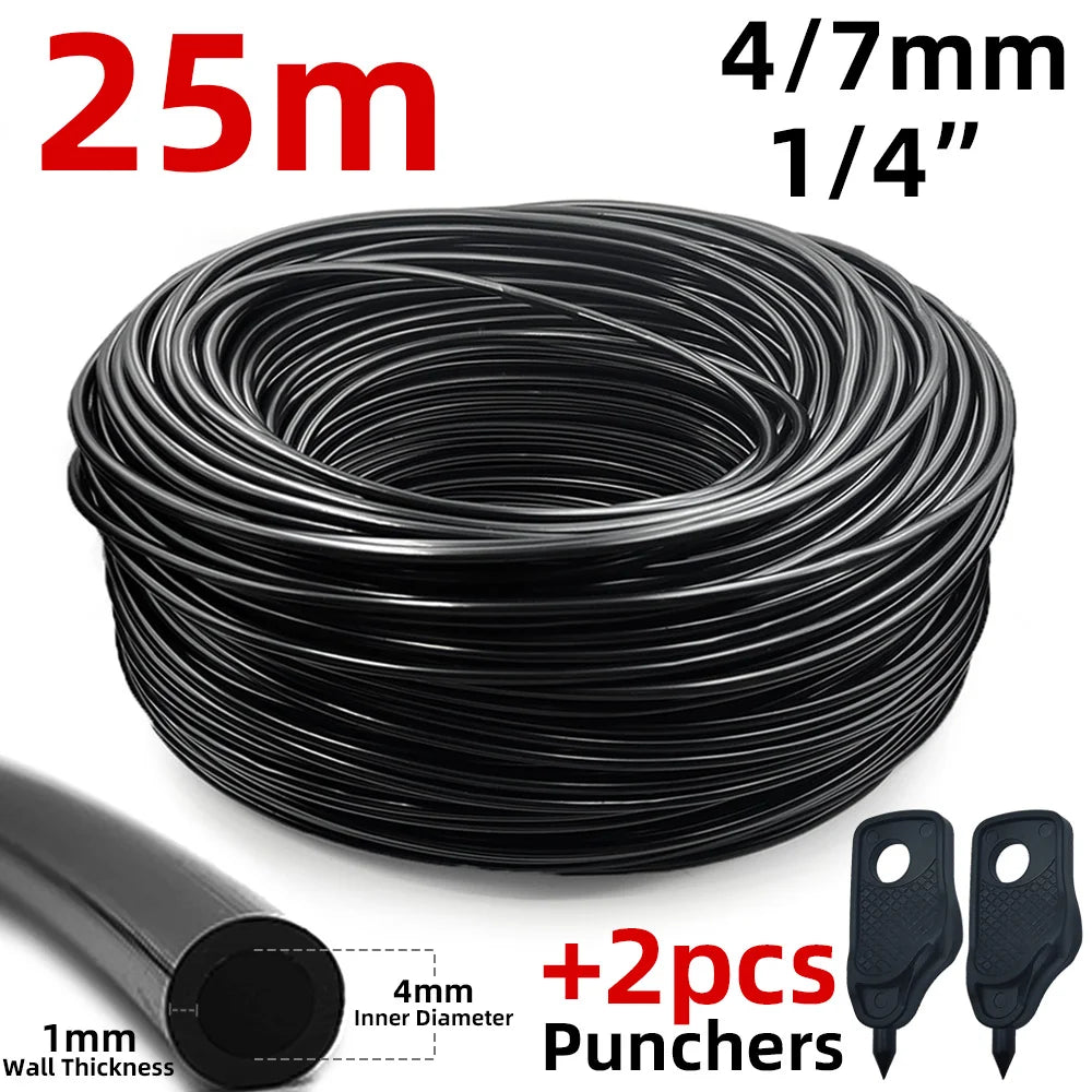 Outdoor misting hose coil kit: black tubing with 2 hole punchers, 4/7mm, 25m.
