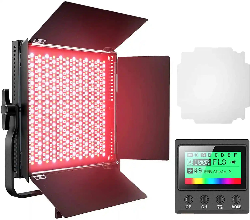 Square LED video light panel with metal barn doors, white diffuser, and a digital remote controller.