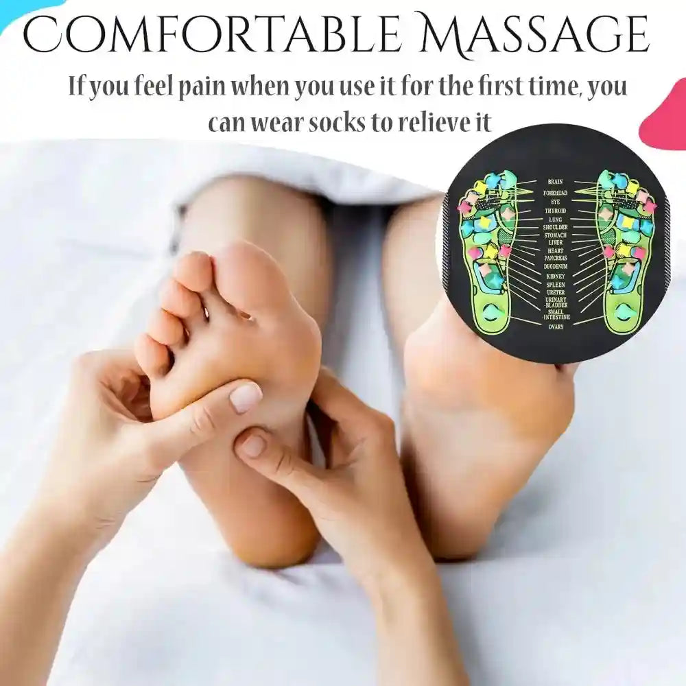 Black circular foot reflexology acupressure mat with foot chart, used for relaxing foot massage and pain relief.