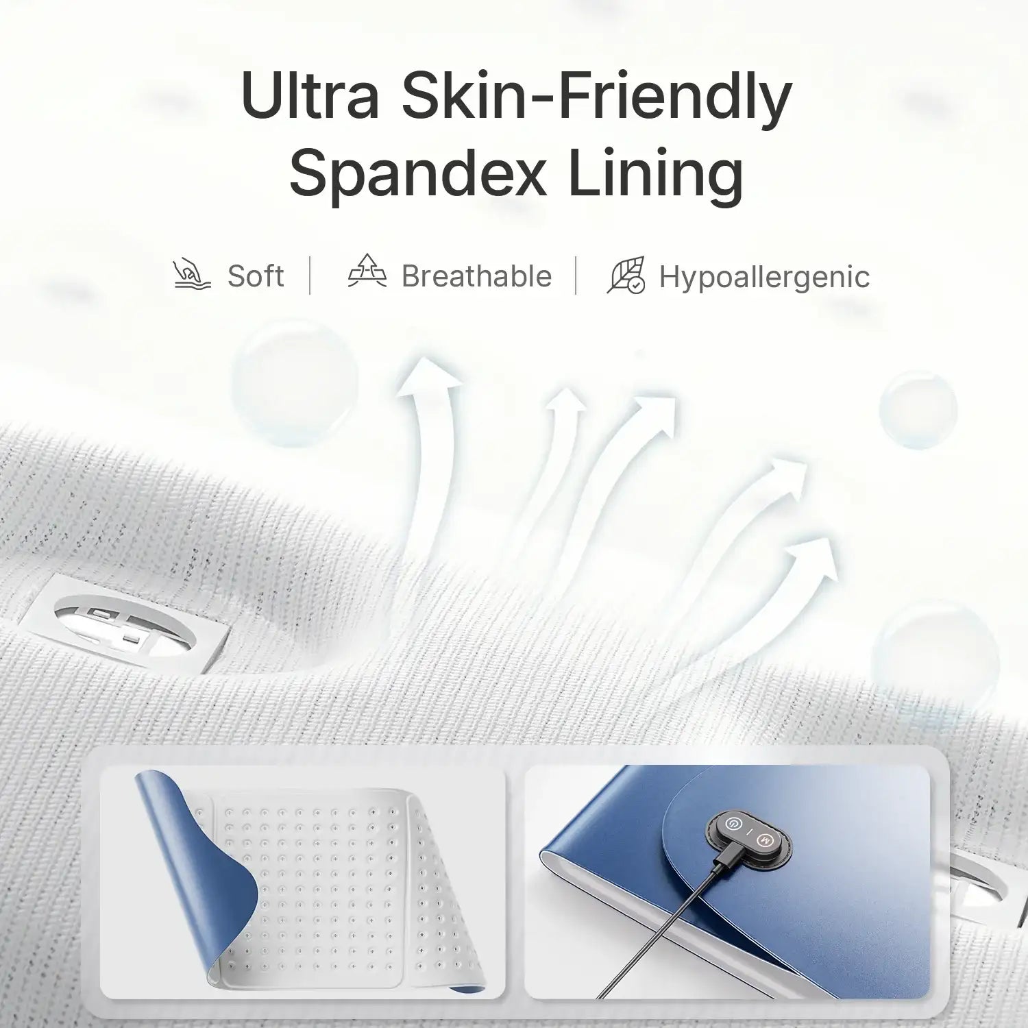 White, breathable spandex lining for heated garments featuring a dotted interior and an integrated power connector.
