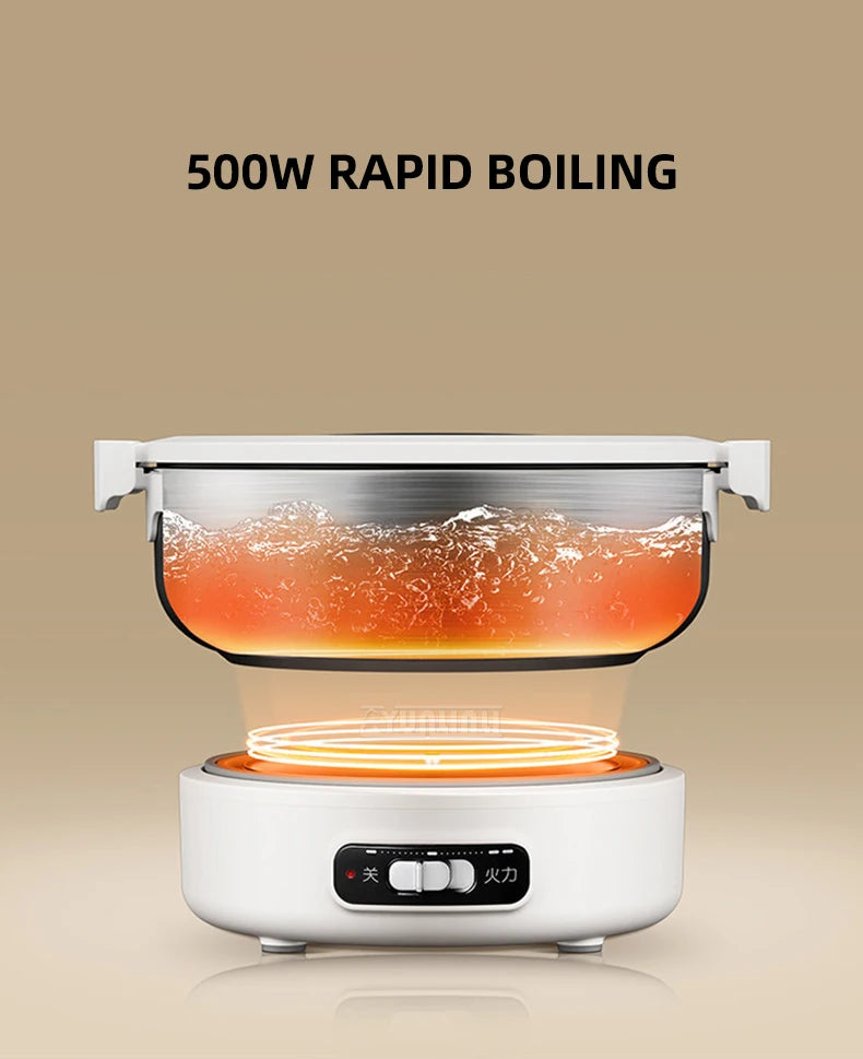 Portable split electric cooker with heating plate glow and pot lid in place