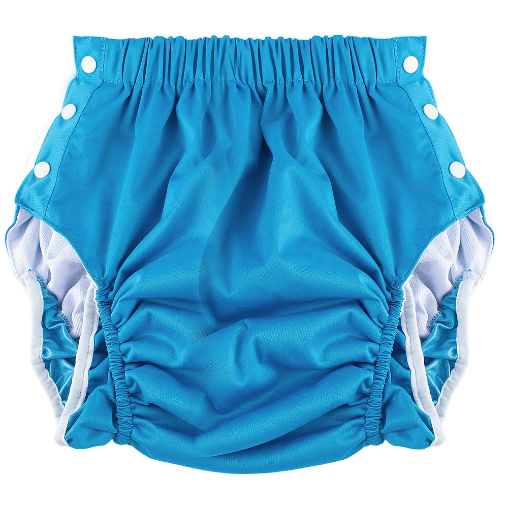 Reusable blue baby cloth diaper cover with adjustable side snap buttons and elastic leg gussets.