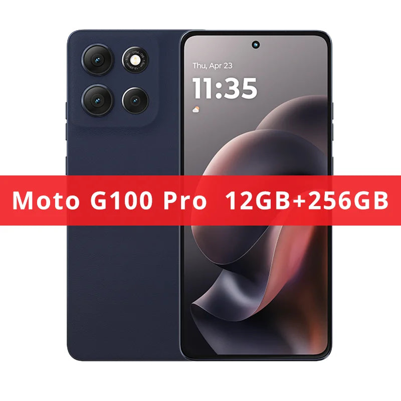 Motorola Moto G100 Pro navy blue smartphone, front and back view, 50MP AI quad-camera, 12GB RAM, 256GB storage.