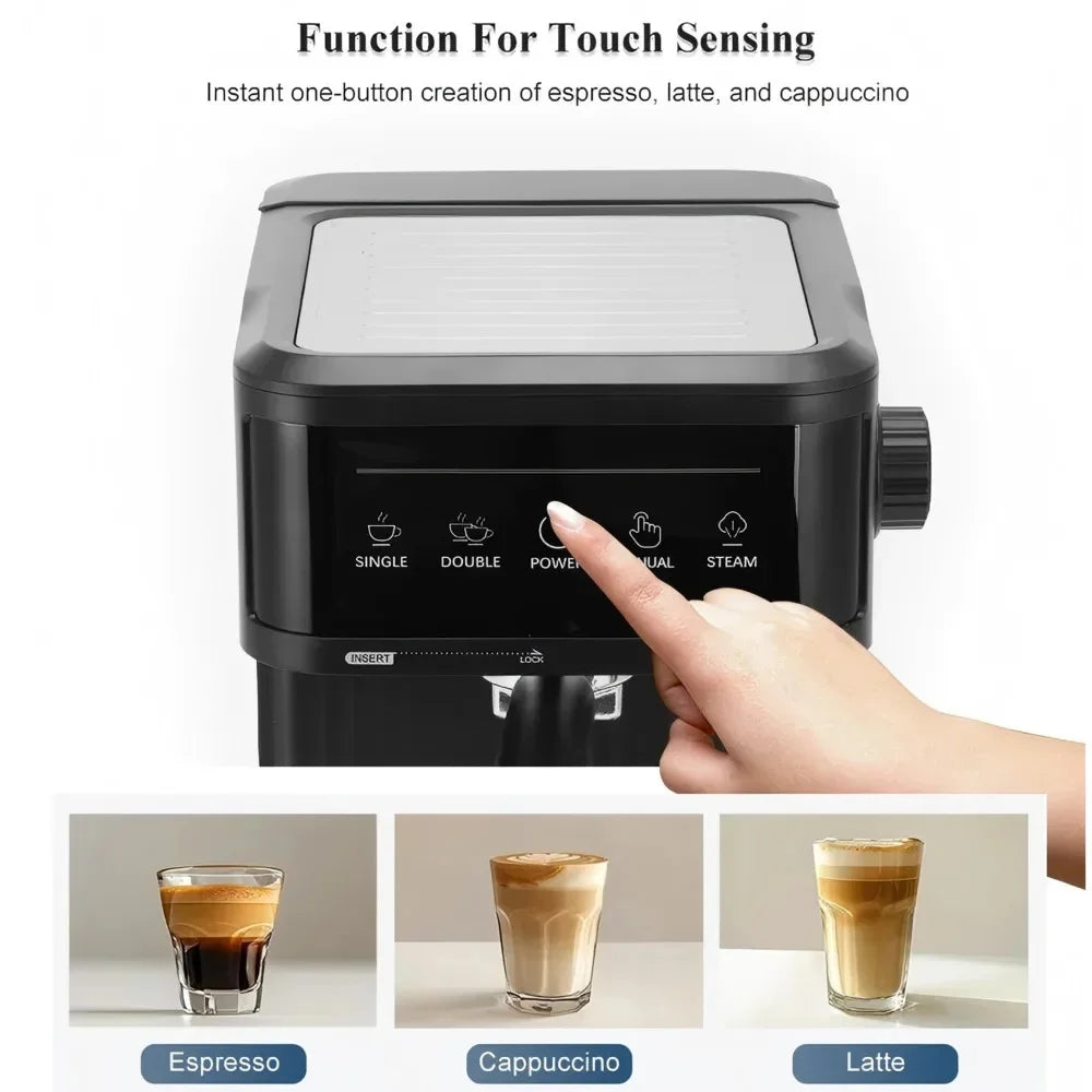 Black touch-screen espresso machine with one-button controls for espresso, latte, and cappuccino preparation.