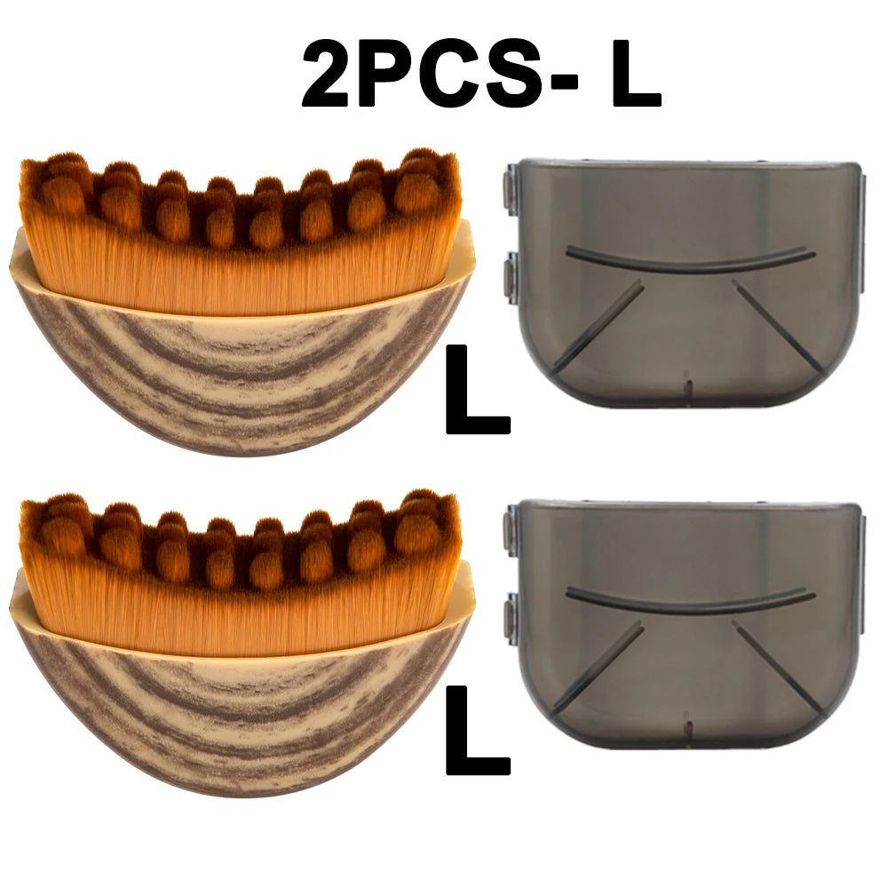 Two large, semi-circular face massager brushes with brown bristles, wood-grain handles, and grey protective covers.