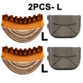 Two large, semi-circular face massager brushes with brown bristles, wood-grain handles, and grey protective covers.