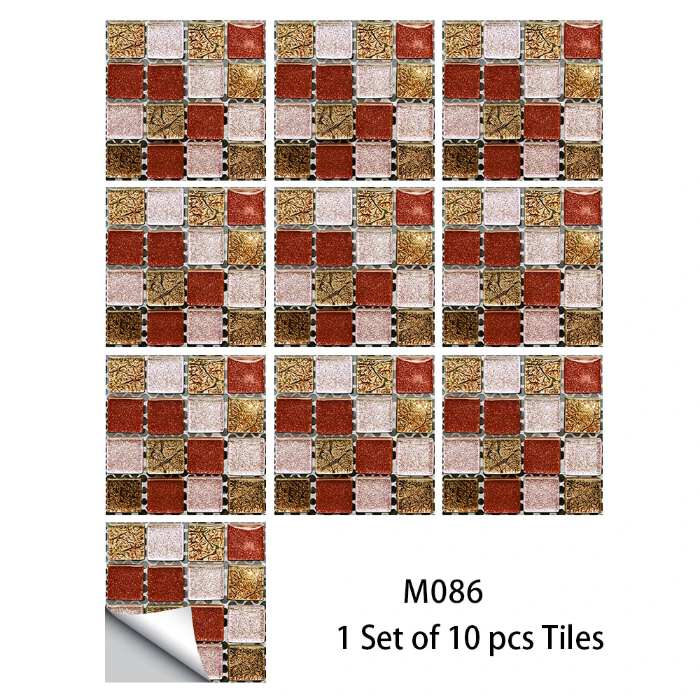 10pcs Flat Mosaic Style Tiles Sticker Kitchen Bathroom Waterproof & Oilproof Art Wall Sticker Peel & Stick Surface Glossy Film