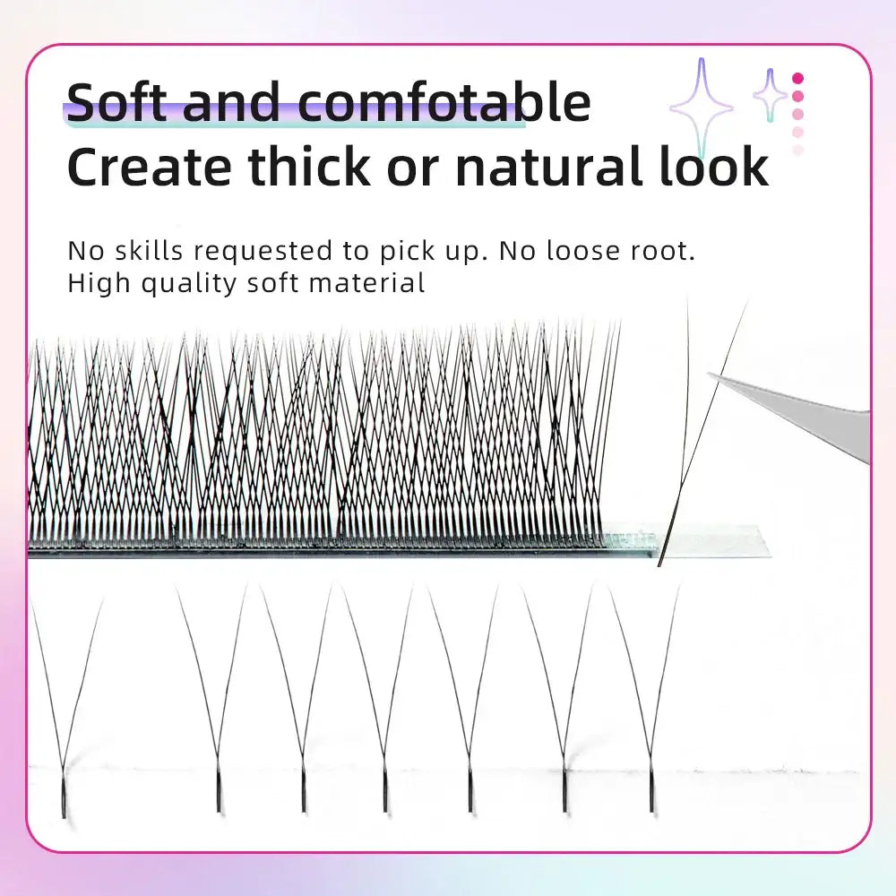 Dark brown 2D Y-shaped volume eyelash extension fans on a strip with tweezers showing easy application.