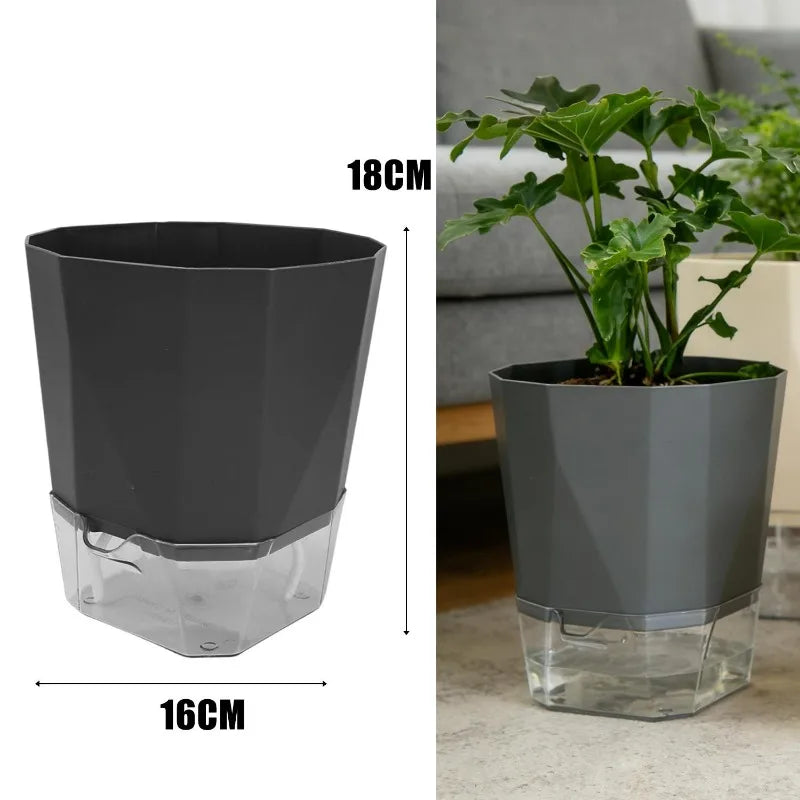 Self-watering dark gray planter with clear reservoir base for plants