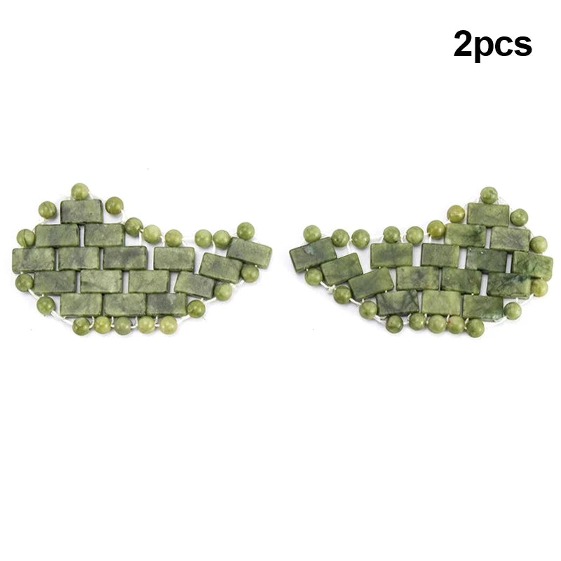 2pcs natural jade stone eye masks for cooling relaxation, featuring rectangular tiles and beads on a white background.