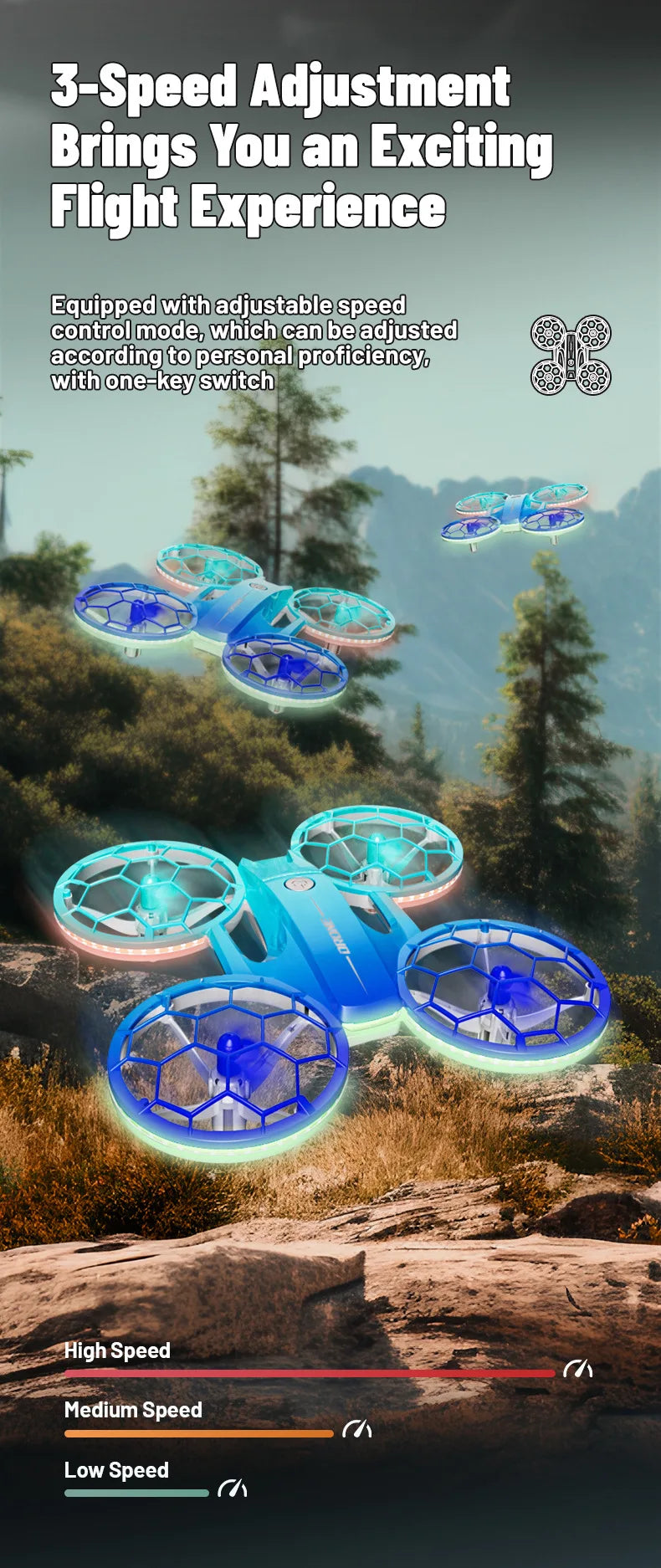 RC Stunt Drone for Kids with LED Lights - Durable Quadcopter Blue/Red/Violet Tidesmit