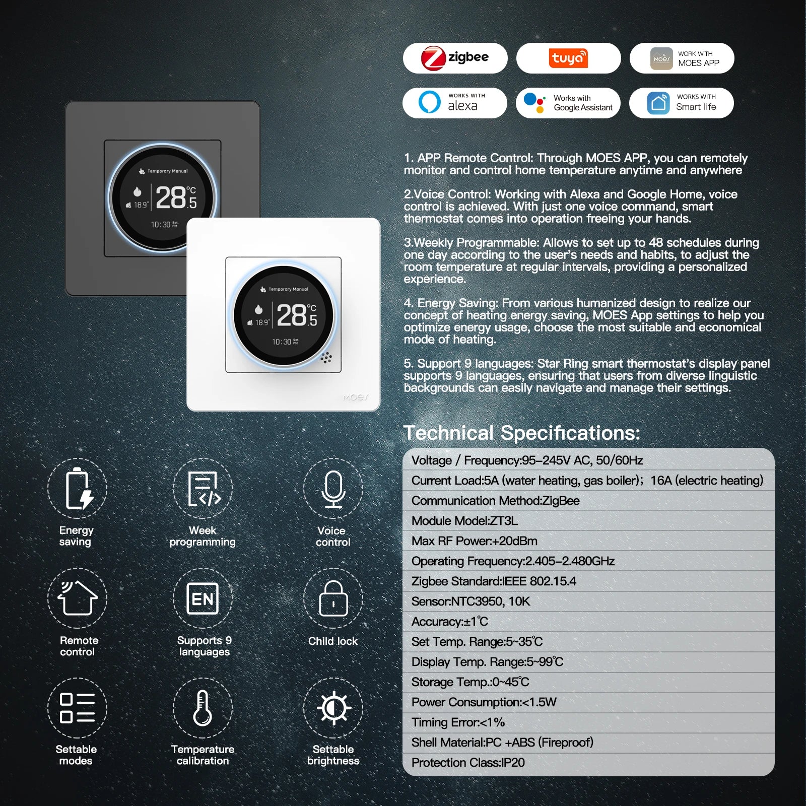 MOES ZigBee Star Ring Smart Thermostat, Knob Control for Water/Electric/Gas Boiler, Works with Alexa Google Home, 9 Languages