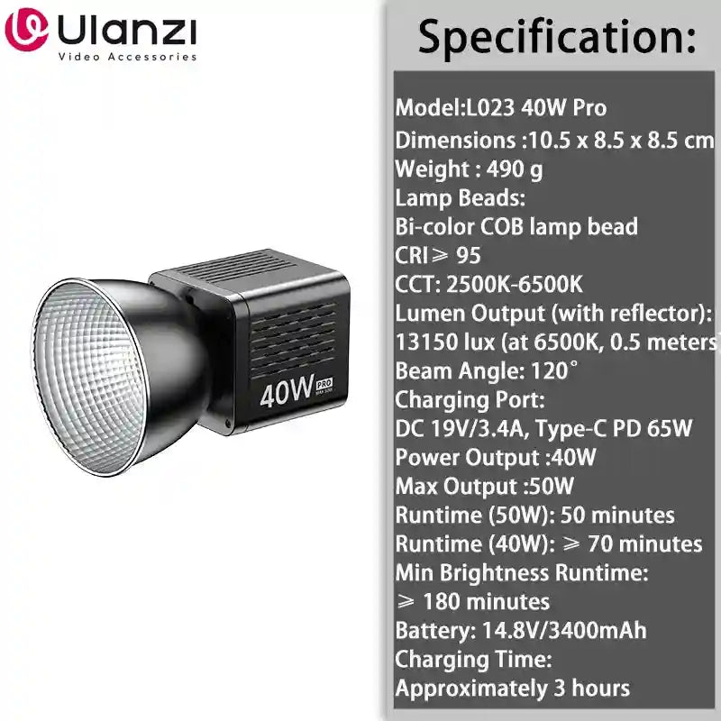 L023 40W Pro compact black LED video light with a silver reflector for professional photography and videography.