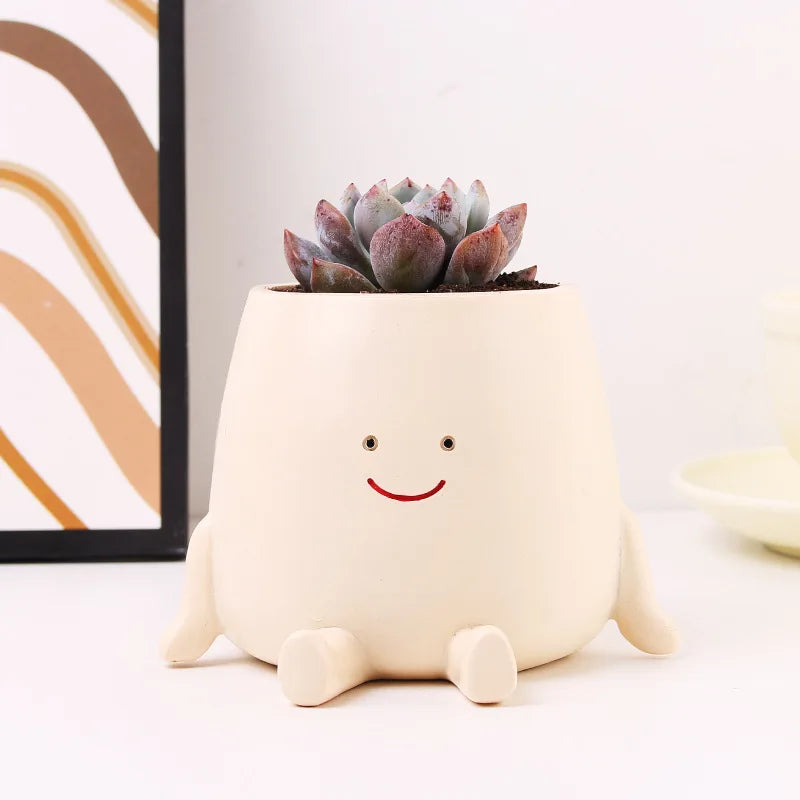 Cream mini succulent planter with smiling face and clustered rosette succulents