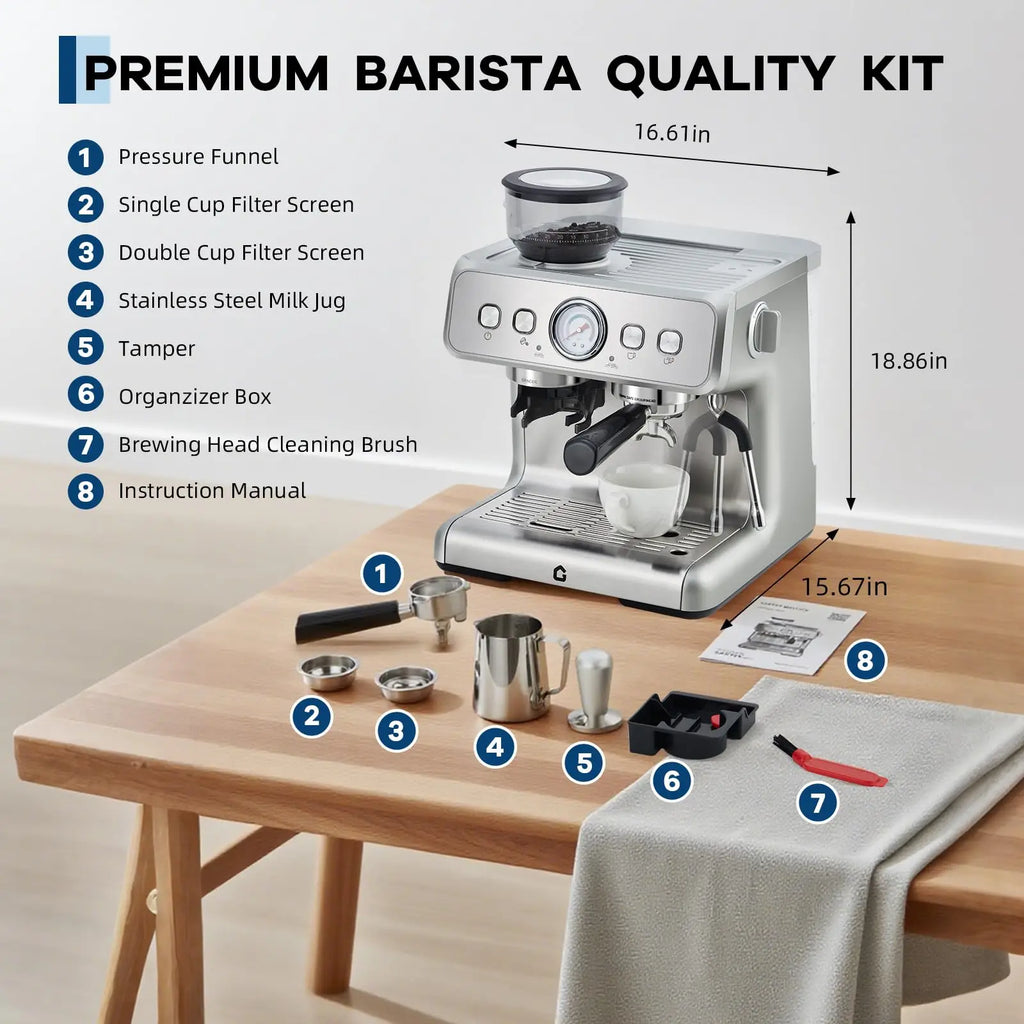 Silver stainless steel espresso machine and barista kit with accessories, dimensions labeled, 16.61in x 18.86in x 15.67in.