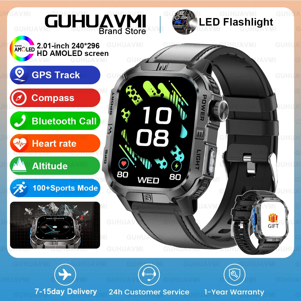 2026New Outdoor Military Men's Smartwatch, Equipped With GPS LED Lighting, Compass, Wireless Communication IP68 Waterproof Watch