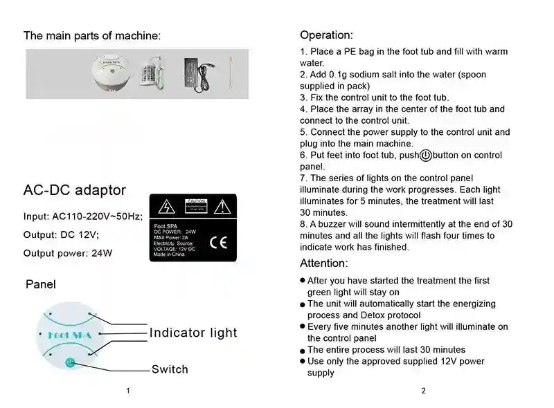 Ionic foot detox spa machine parts, control panel, and array with power adapter for home therapy foot bath bath.