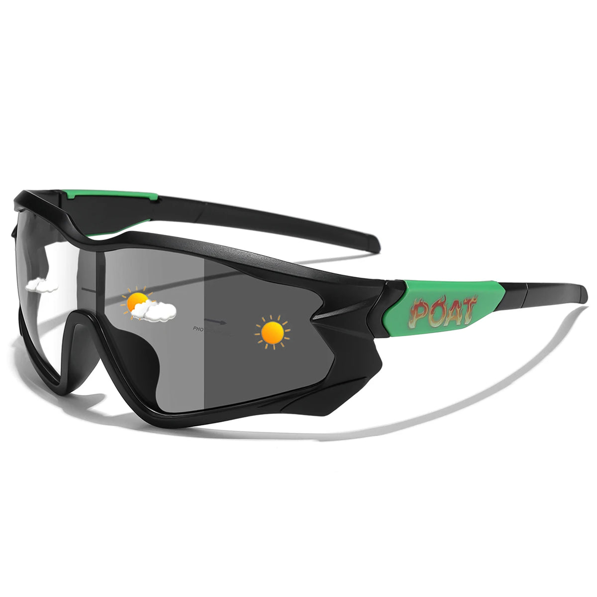 Photochromic sports eyeglasses with black frame and dark tinted lens, side shield