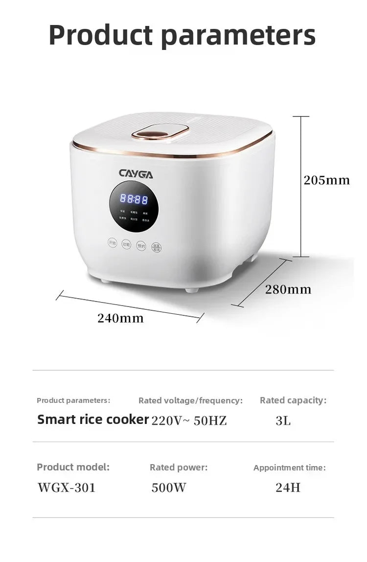 White 3L smart mini rice cooker dimensions with digital control display