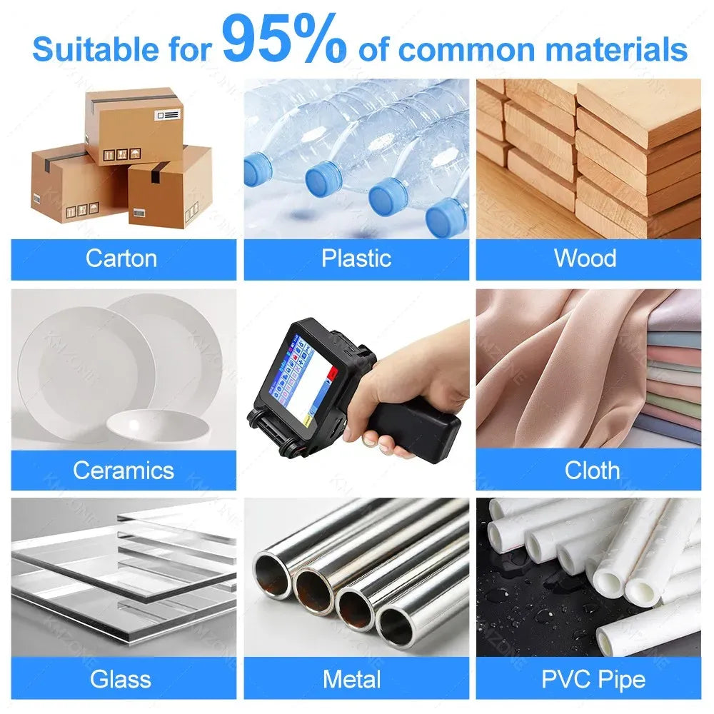 Black handheld inkjet label printer next to sample materials like cardboard, plastic, wood, cloth