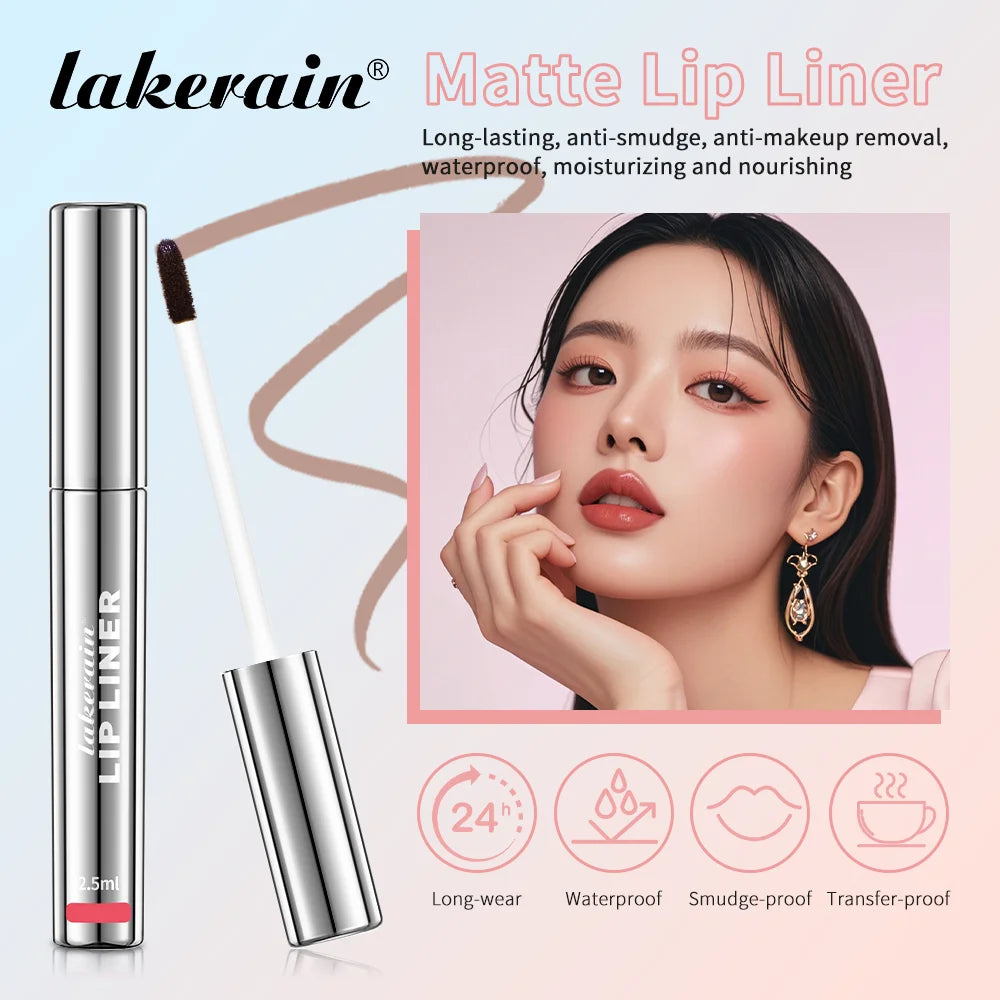 Lakerain waterproof matte peel-off lip liner in silver tube for long-lasting, smudge-proof lip definition.