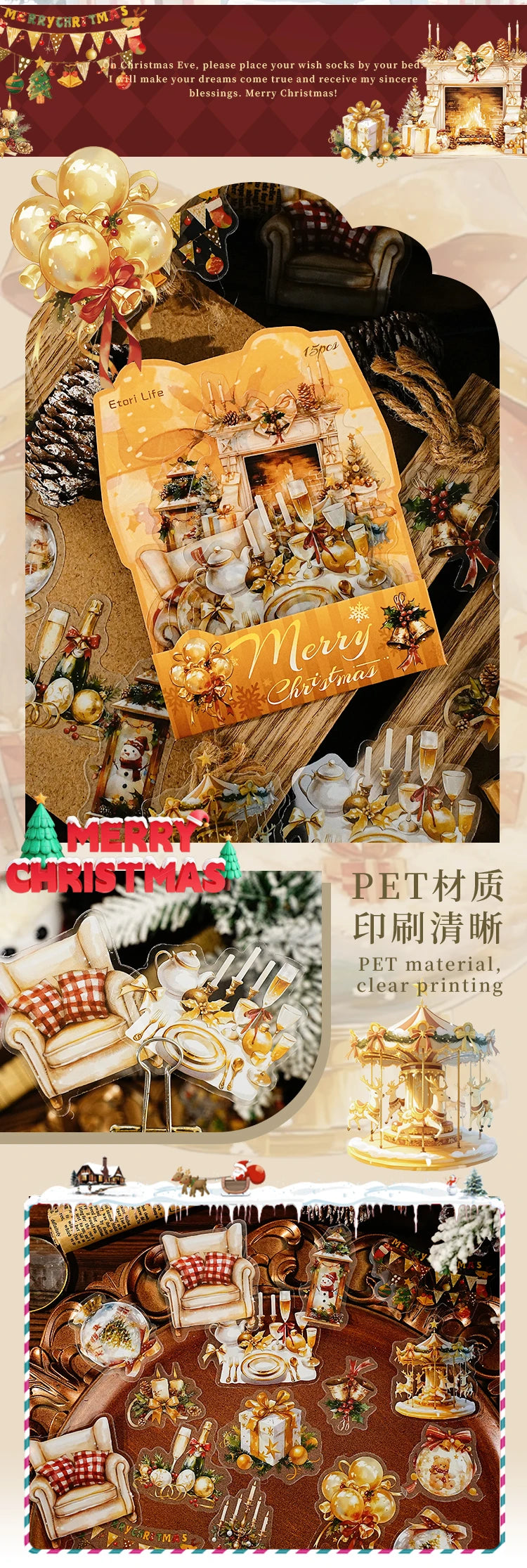 15 Sheets Christmas Theme PET Sticker Pack for Scrapbook DIY Photo Frame Collage Decor, Christmas Gift Decorative Stickers