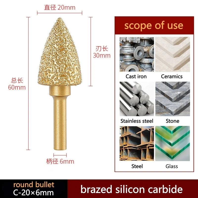 Brazed silicon carbide round bullet head, 20mm diameter, 6mm shank