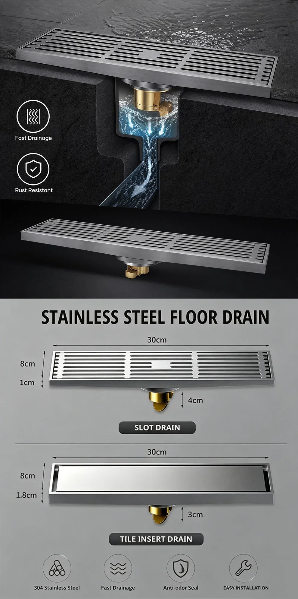 30x8cm Stainless Steel Linear Floor Drain Tile Insert Invisible Shower Waste Grate Anti Odor Hair Strainer Bathroom Wet Room Use
