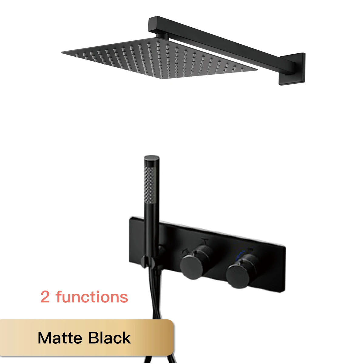 Matte black thermostatic ceiling shower set with rainfall head and 2-function wall mixer