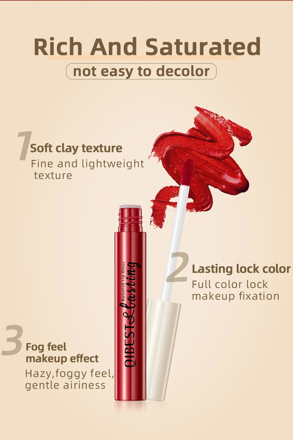 QIBEST long-lasting red matte liquid lipstick with soft clay texture and nonstick, velvety finish for bold lip makeup.