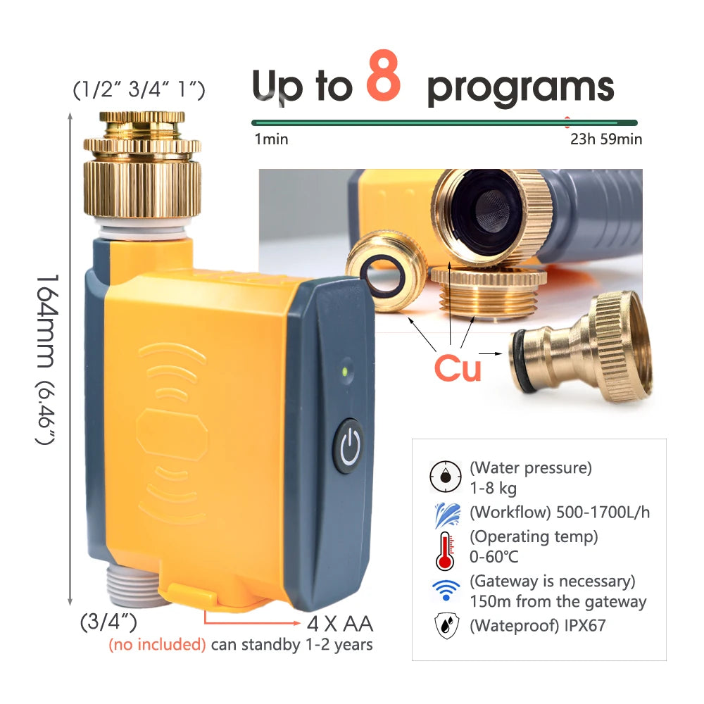 Orange Zigbee irrigation timer controller with brass inlet and brass hose adapter