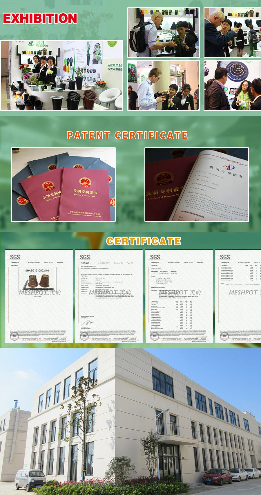 Meshpot nursery tray and pot product certificates displayed