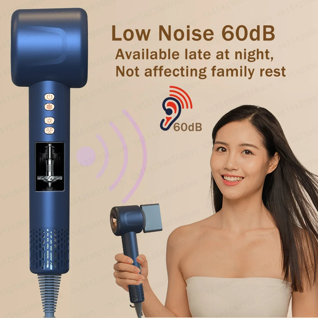 Blue 1600W leafless negative ion hair dryer, quiet 60dB professional styling tool with magnetic nozzle attachment.