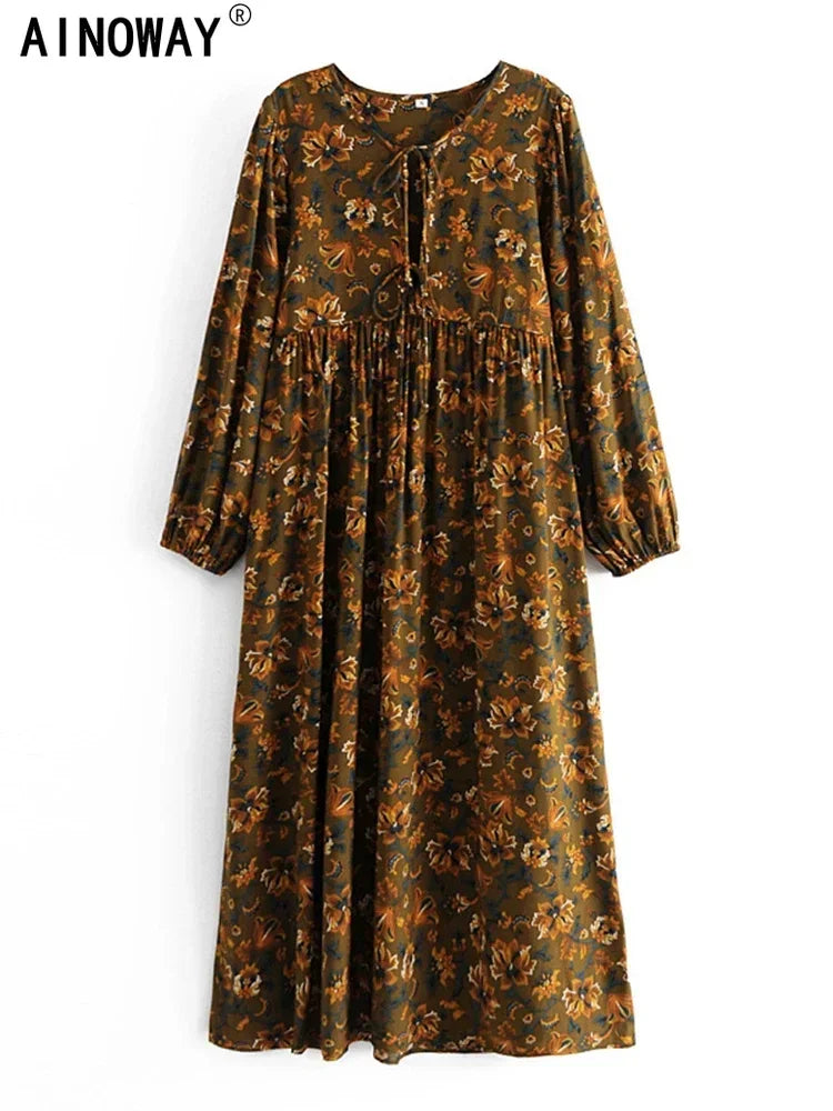 Boho Vintage women long sleeve ethnic Floral print beach Bohemian Maxi dress Ladies tie neck rayon cotton Summer sundress