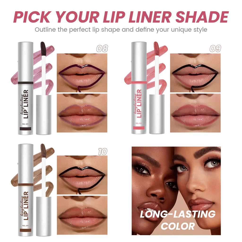 Waterproof peel-off lip liner tubes and swatches in three shades for long-lasting, matte, custom lip definition.