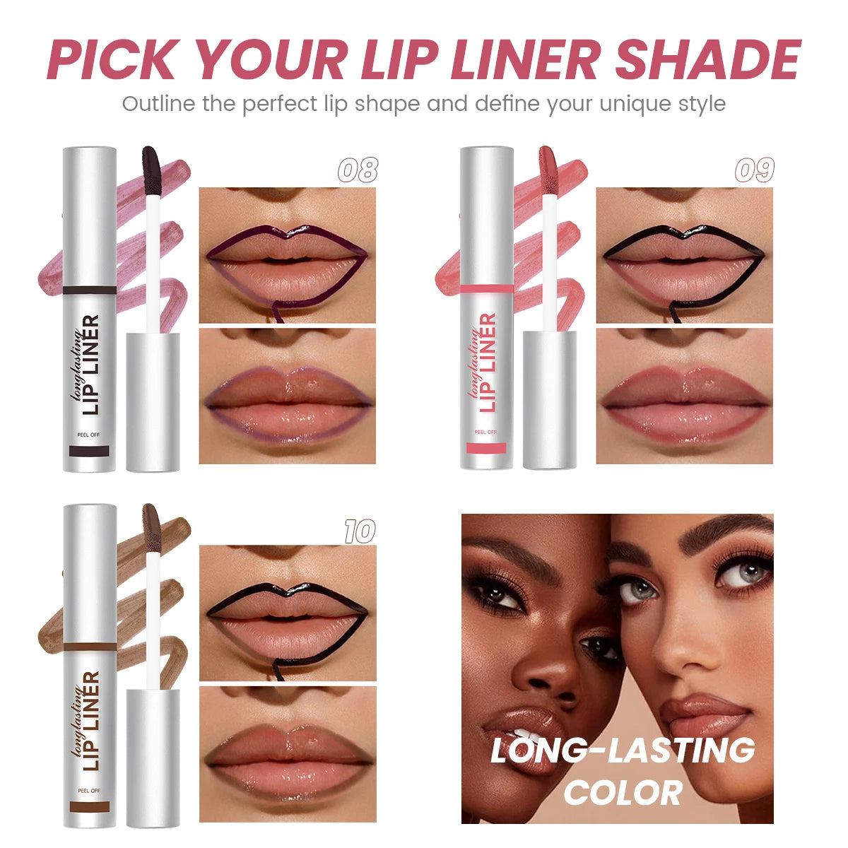 Waterproof peel-off lip liner tubes and swatches in three shades for long-lasting, matte, custom lip definition.