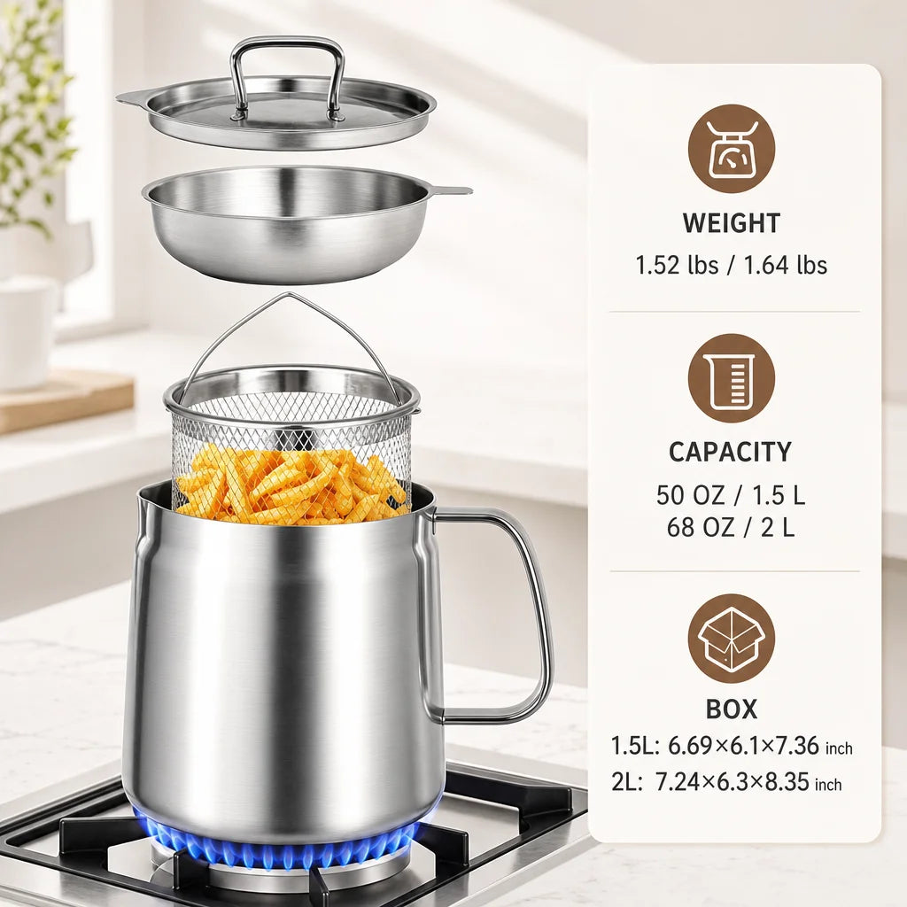 1.5L Stainless Steel Deep Fryer Pot with Basket and Oil Strainer, 304 Stainless Steel Deep Fryer Pot for French Fries and Chicke