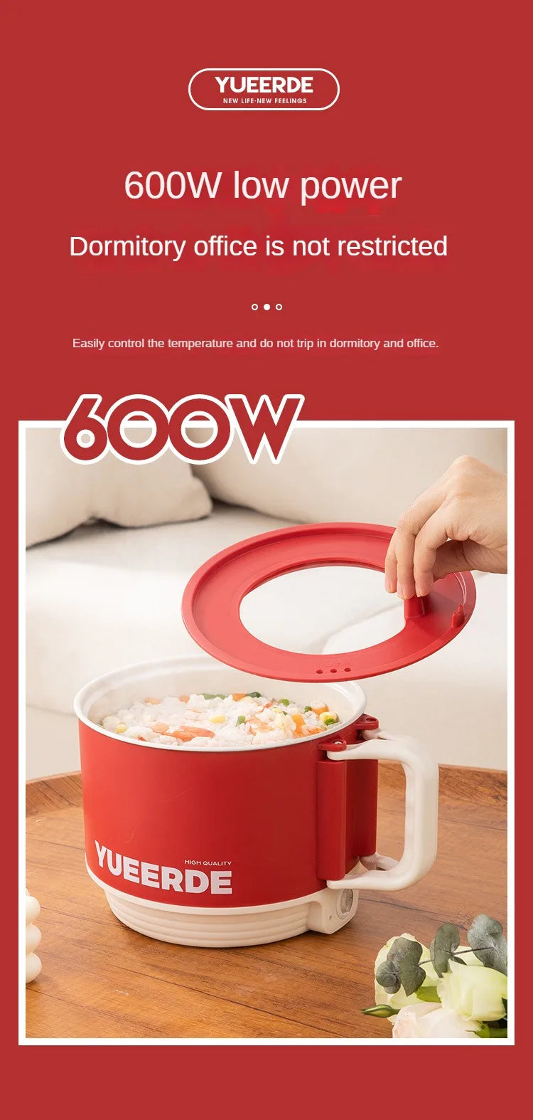 Red YUEERDE electric folding hot pot with side handle, lid, and mug-like base