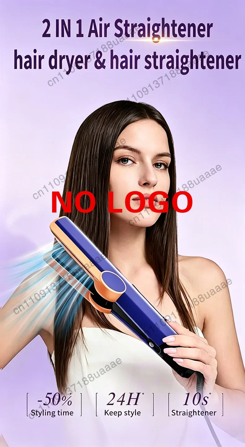 Blue and gold 2-in-1 professional negative ion hair dryer and straightener styling tool for wet and dry hair.