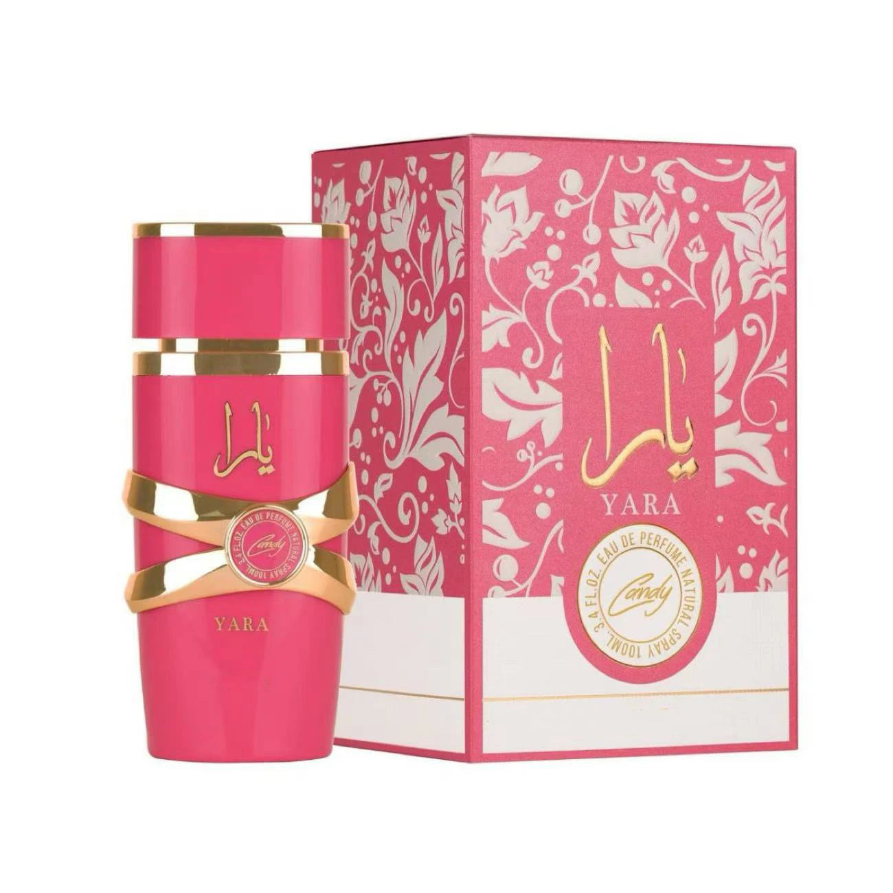 Lattafa Yara Candy 100ml EDP: Women’s gourmand fragrance in a cylindrical pink bottle with gold accents and floral box.