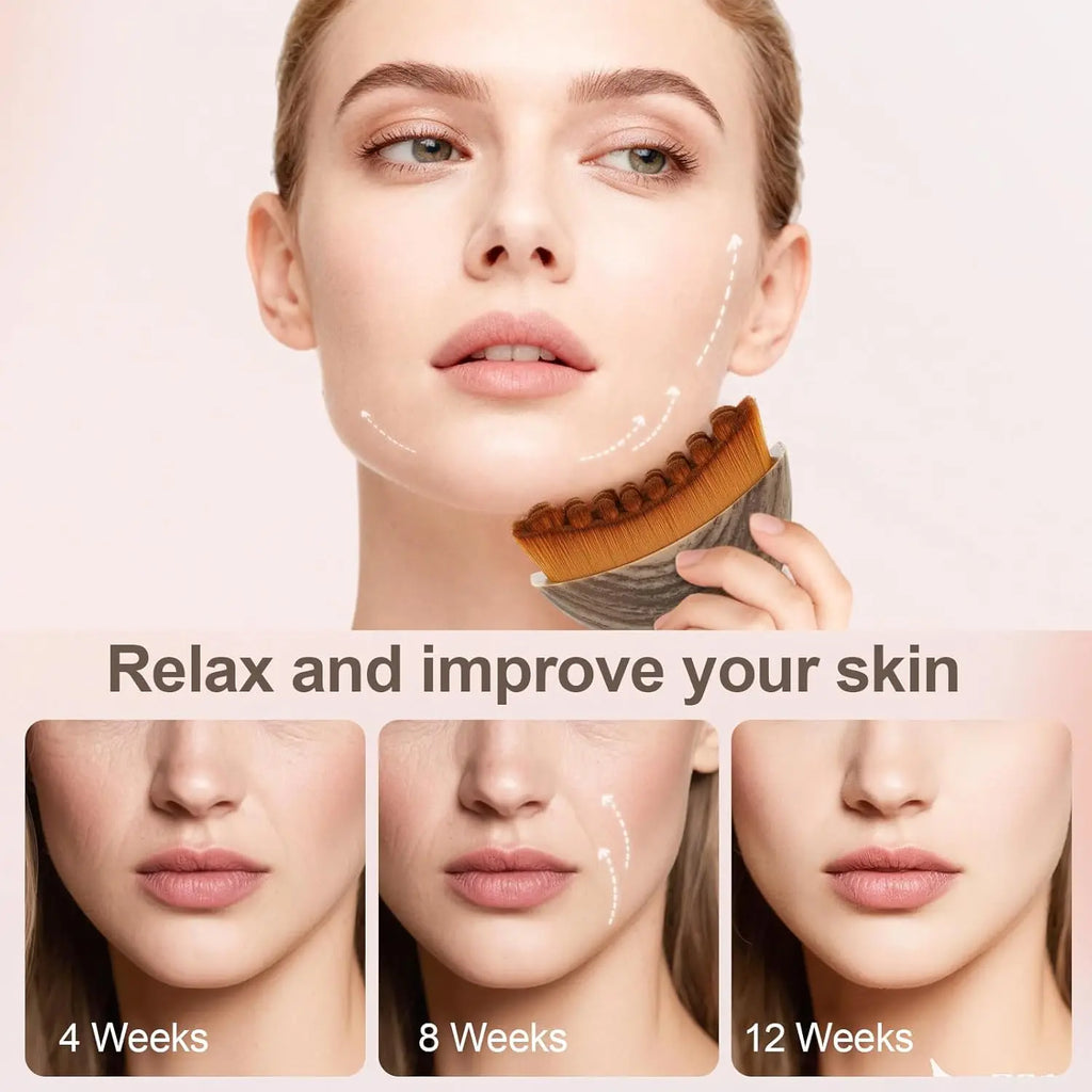 A woman uses an ergonomic, curved brown-bristle facial brush to massage her jawline, shown across 12 weeks of use.