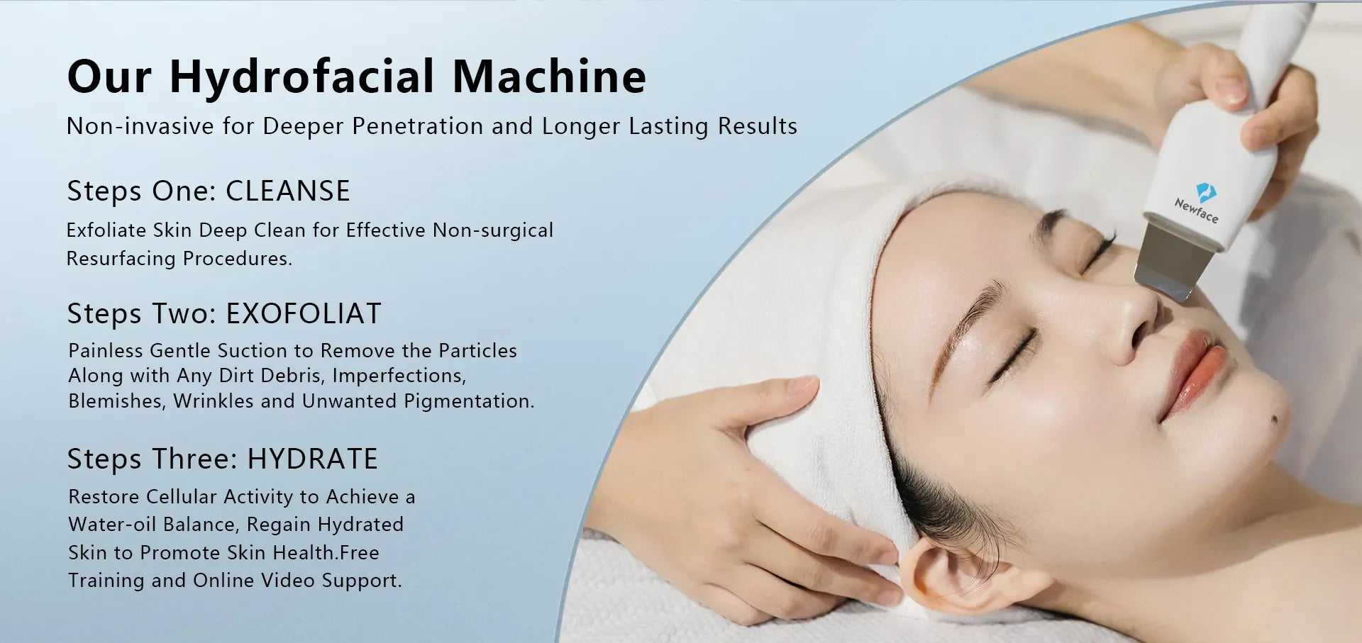 8-in-1 hydrofacial machine performing ultrasonic deep cleansing and skin exfoliation on a woman’s face at a spa.