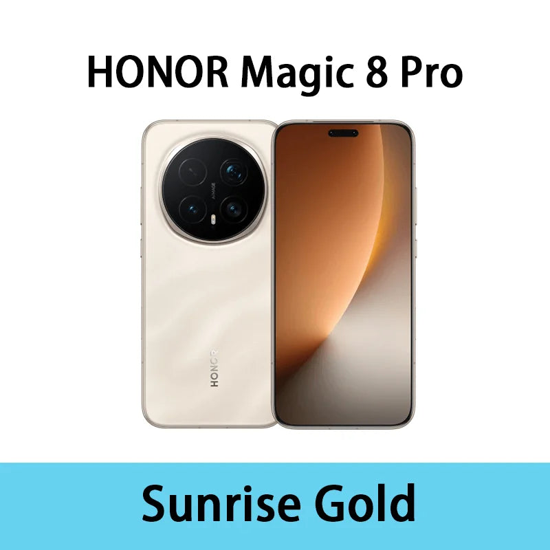 HONOR Magic 8 Pro Sunrise Gold, 5G smartphone, front and rear view, 200MP camera, OLED display, Snapdragon 8 Elite.